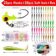 Load image into Gallery viewer, 25pcs Jig Head Hooks Spinner Soft Baits Combo 1.4g-1.6g-3g Jigging Lures soft Baits Artificial Fishing Lures