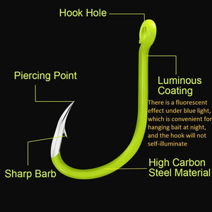50pcs Fluorescent Fishing Hooks Barbed Single Circle Carp Hook Carbon Steel