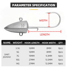 Load image into Gallery viewer, Dart Jig head Fish hooks 3.5g 5g 7g 10g 14g Worm Fishing Soft Lure Artificial Bait Tackle