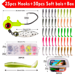 25pcs Jig Head Hooks Spinner Soft Baits Combo 1.4g-1.6g-3g Jigging Lures soft Baits Artificial Fishing Lures