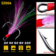 Load image into Gallery viewer, 20pcs/lot Fish treble hook 2#-10# Black /Red Fishing Hook with 6 Colors Feather Fishing Tackle High Carbon Steel Hooks