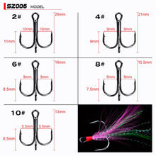 Load image into Gallery viewer, 20pcs/lot Fish treble hook 2#-10# Black /Red Fishing Hook with 6 Colors Feather Fishing Tackle High Carbon Steel Hooks