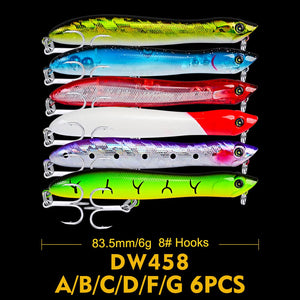 6pcs Popper Fishing Lure Set Floating stick Artificial Bait Top water lure Tackle