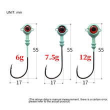 Load image into Gallery viewer, 3PCS 6G/7.5G/12G Fishing Luminous 3D Eyes jig Head Hooks glowing soft plastic lure Accessories