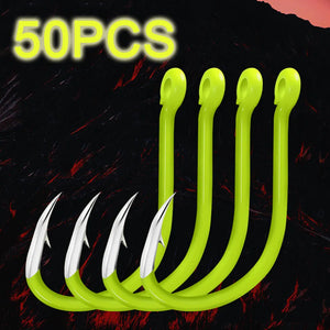 50pcs Fluorescent Fishing Hooks Barbed Single Circle Carp Hook Carbon Steel