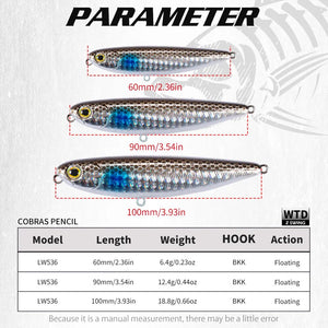Top water Pencil Fishing Lure 60/90/100mm 6.4/12.4/18.8g Surface Floating Bait