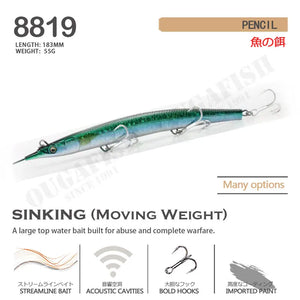 Pencil gar hard plastic fishing Lure 55g 183mm Sinking swim bait