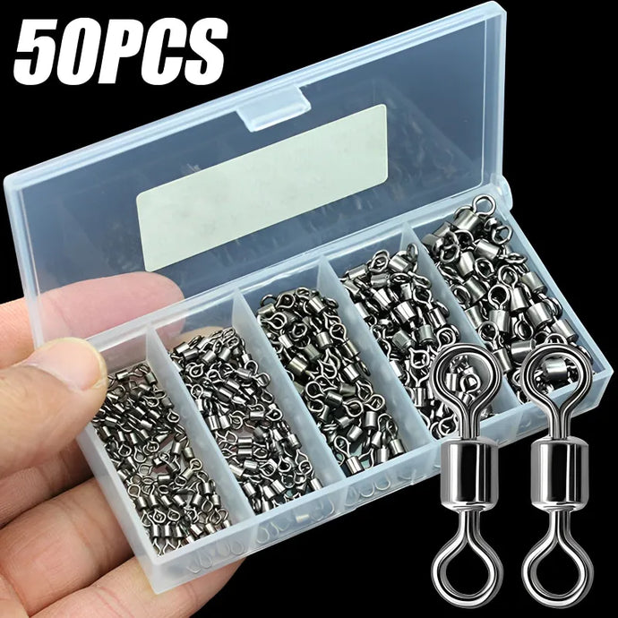 50PCS/Lot Fishing Swivels Safety Snap Solid Rings Rolling Swivel