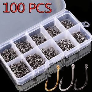 Fishing Hooks Set 100Pcs Box Carbon Steel Single Circle Barbed