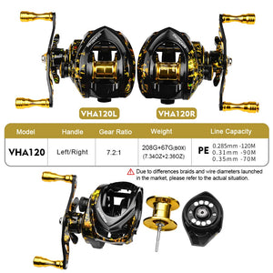Baitcaster Reel 7.2:1 Gear Ratio Fishing Reel Metal Spool 8kg Max Drag Bait Casting Wheel Magnetic Brake System