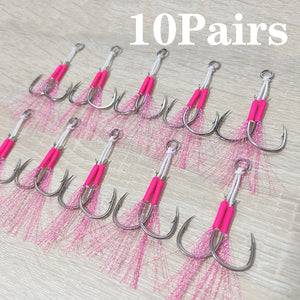 10 Pairs Metal Jig Assist Hook Pink Double Hooks Thread Feather Carbon Steel
