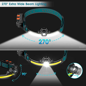 Wave Sensor LED Headlamp Powerful XPG+COB Headlight with Built-in 18650 Battery
