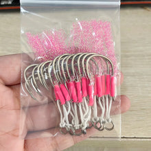 Load image into Gallery viewer, 10 Pairs Metal Jig Assist Hook Pink Double Hooks Thread Feather Carbon Steel