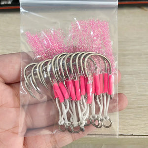 10 Pairs Metal Jig Assist Hook Pink Double Hooks Thread Feather Carbon Steel