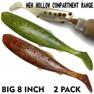 8 inch paddle tail pack of 2 lime green and orange new hollow compartment