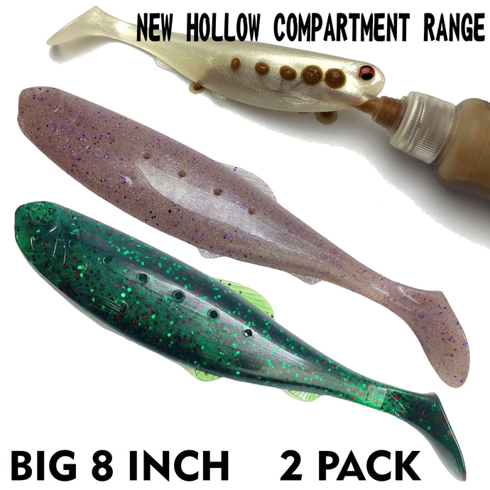 8 inch paddle tail pack of 2 pink & green new hollow compartment